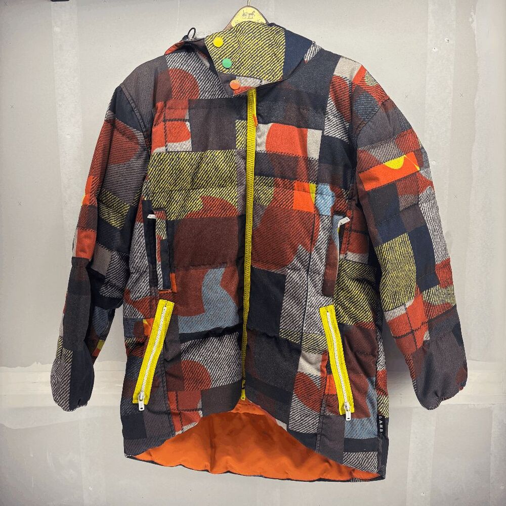 L.A.M.B. Multicolor Patchwork Ski Jacket with Yellow Zippers